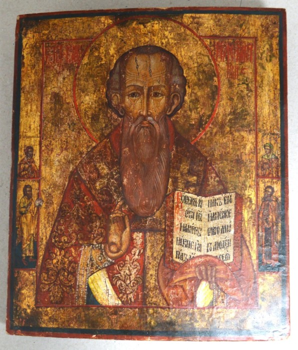 &quot;Sfantul Vasile cel Mare&quot; icoana ruseasca tempera si foita de aur pe lemn sec 18 (a doua jumatate)