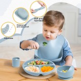 Set 6 piese hranire bebelusi, diversificare, silicon, baveta, farfurie, bol cu ventuza, lingurita si furculita