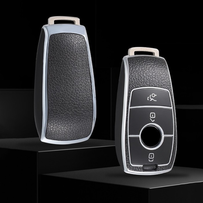 Husa de protectie premium pentru cheie auto Mercedes Benz, Cover Key, Gri - insertii piele
