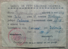 Carnet de identitate Liceul de Fete Calarasi, Ialomita// 1948-49 foto