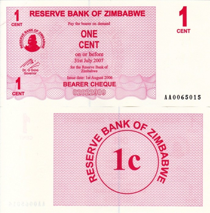 ZIMBABWE 1 cent 2006 BEARER CHEQUE UNC!!!