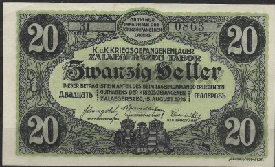 X. RARR : AUSTRO-UNGARIA = LAGERGELD ZALAEGERSZEG - 20 HELLER 1916 - UNC/BILINGV foto