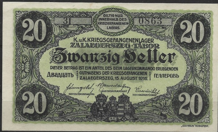 X. RARR : AUSTRO-UNGARIA = LAGERGELD ZALAEGERSZEG - 20 HELLER 1916 - UNC/BILINGV