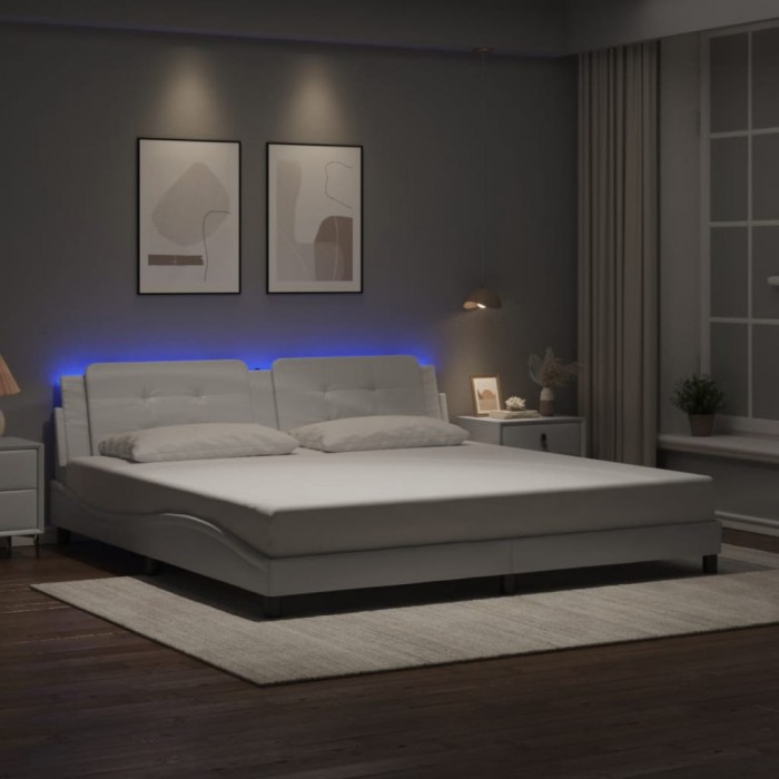 Cadru de pat cu lumini LED, alb, 200x200 cm, piele ecologică