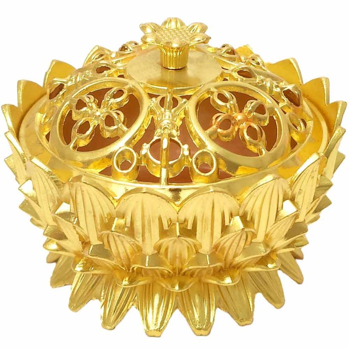 Vasul Abundentei, obiect feng shui cu 8 simboluri norocoase pentru atragere bani, 10 cm metal auriu