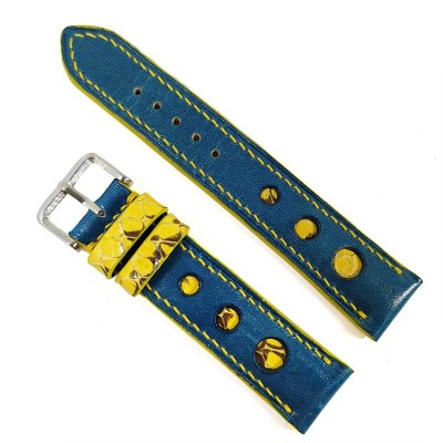 Curea de ceas Dracori Handmade din piele naturala Albastru cu Galben 20mm WZ4563 foto
