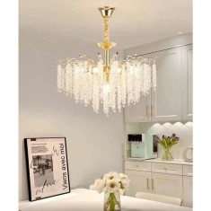 Candelabru Metal Auriu Cristal, dulie E14 x 7, diametru 500mm