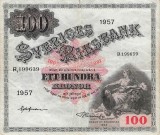 Bancnota Suedia 100 Kronor 1957 - P45c VF ( vezi descriere )