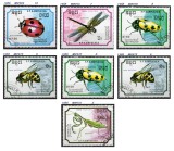 Cambodgia (Kampuchea) 1988 &ndash; Lot 7 timbre cu insecte &ndash; Buburuză, Libelulă, Albină, Cărăbuș și Călugăriță &ndash; Serie tematică ștampilată