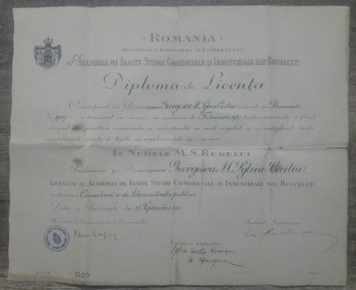 Diploma Licenta Academia Inalte Studii Comerciale si Industriale Bucuresti 1931 foto