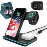 Statie Incarcare wireless 3 In 1 Qi Fast Charger Qeno&reg;, 15W, Incarcare Rapida