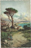 CP845N Napoli, Panorama dalla Villa Patrizi (Posillipo), pittore G Carelli, carte poștală