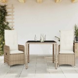Set bistro de grădină, 3 piese, cu perne, bej, poliratan