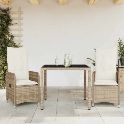 vidaXL Set bistro de grădină, 3 piese, cu perne, bej, poliratan 3277095 foto
