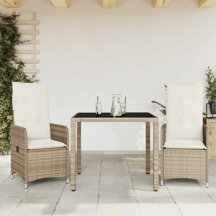 vidaXL Set bistro de grădină, 3 piese, cu perne, bej, poliratan 3277095