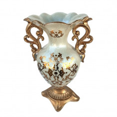 Vaza decorativa cu aspect vintage cu toarte si picior, Luxury, 43 cm, Auriu, 525H