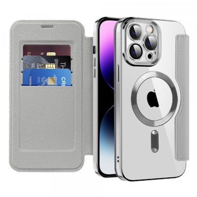Husa MagSafe pentru Apple iPhone 14 Pro Max, Techsuit, SmartMag Book, Gri foto