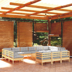 vidaXL Set mobilier grădină cu perne, 14 piese, gri, lemn masiv pin