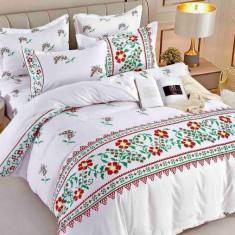 Lenjerie pat dublu BUMBAC FINET 6 piese cu ELASTIC Jojo Home Alb-Rosu-Verde model traditional