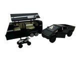 Macheta Tesla Cybertruck cu rulota si atv neagra 1/36 sunete lumini deschide usi