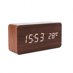 Ceas digital de birou LED cu afisaj ora si temperatura, model lemn
