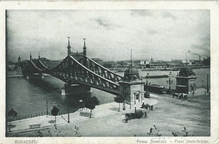 CP757N Budapest, Ferenc J&oacute;zsef hid, Franz Josefs Br&uuml;cke, expediată de un rom&acirc;n de la Budapesta la Sibiu &icirc;n octombrie 1919, ștampilă de cenzură Cluj