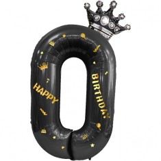 Balon din Folie Metalizata Cyrax, Figurina Cifra si Coroana, Scris Happy Birthday, Tema Aniversare 100 cm, Ambalaj Individual, Pai inclus, Umflare cu