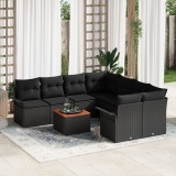 Set de canapea pentru gradina Gossi cu 9 piese perne negru poliratan acacia, set de canapea gradina Gossi cu 2 locuri spatiu de stocare si perne negru