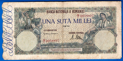 (10) BANCNOTA ROMANIA - 100.000 LEI 1946 (28 MAI 1946), FILIGRAN ORIZONTAL foto