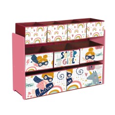 Organizator pentru Jucarii si Carti Etajera pentru Copii cu 9 Cosuri Textile pentru Depozitare Sectiune - SUPER GIRL