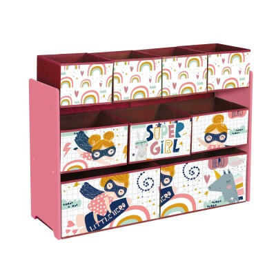 Organizator pentru Jucarii si Carti Etajera pentru Copii cu 9 Cosuri Textile pentru Depozitare Sectiune - SUPER GIRL foto