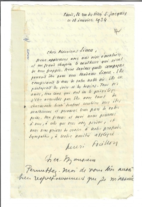 Scrisoare, Henri Focillon catre Anastase Simu, 1934