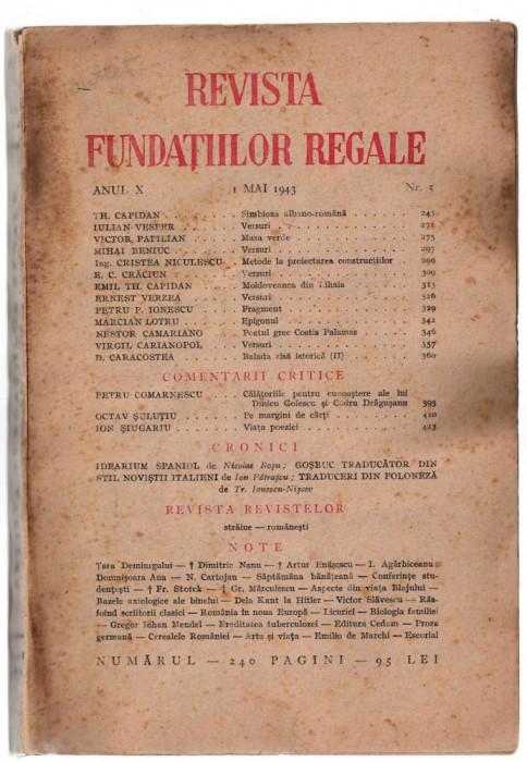 Revista Fundatiilor Regale 1 mai/1943 Th. Capidan I.Vesper M. Beniuc E. Verzea