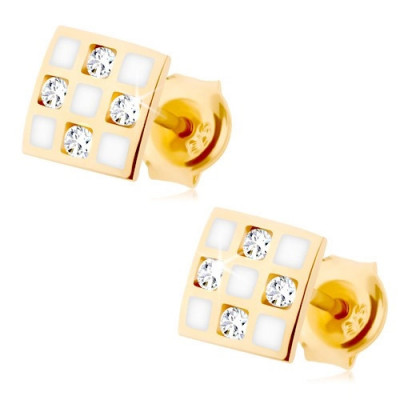 Cercei din aur 585 - pătrat cu model tablă de şah, zirconii transparente, email alb foto