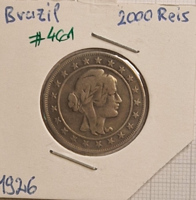 461 Brazilia Brazil 2000 R&eacute;is 1926 KM#461 ,argint