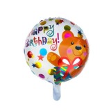 Balon din folie metalizata, flippy, mini figurina rotunda, model happy birthday ursulet, tema aniversare, 45 cm, ambalaj individual, pai inclus, umfla