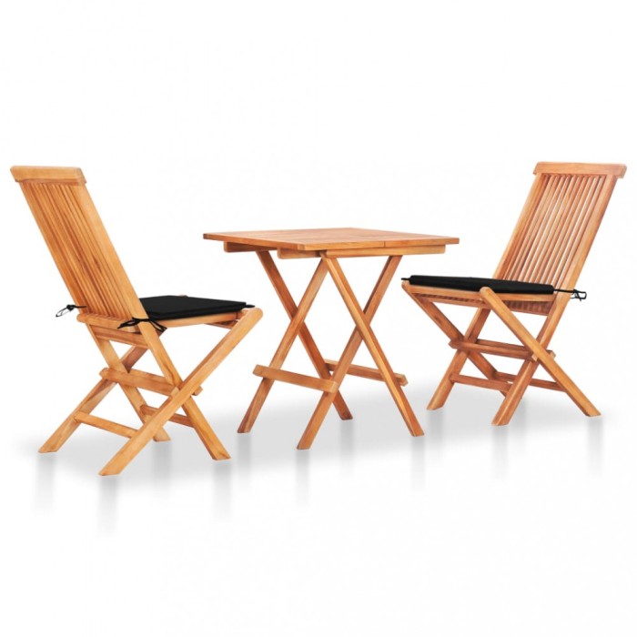 Gossi set bistro cu perne negre, 3 piese, lemn masiv tec