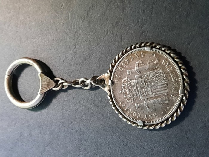 5 Pesetas 1893, Spania, in breloc cu montura de argint - G 3253