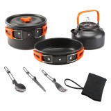Cumpara ieftin Set oale pentru camping BRIUS&trade;, 1.2l/800 ml, din aluminiu, 2 oale, 1 ceainic, cu manere pliabile, cutit, furculita si lingura pliabile din otel inoxid