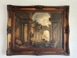 Tablou vechi cu rama baroc Ruine Antice semnat, dimensiuni mari, Istorice, Ulei, Realism