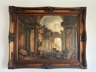 Tablou vechi cu rama baroc Ruine Antice semnat, dimensiuni mari foto