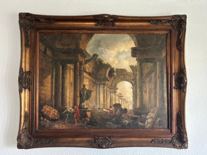 Tablou vechi cu rama baroc Ruine Antice semnat, dimensiuni mari