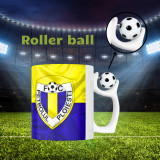 Cană cu minge fotbal &bdquo;Fotbal club Petrolul Ploiesti&rdquo;, v2, sport, fotbal, suporter, alba, 330 ml, Simple