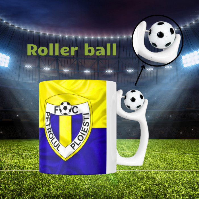 Cană cu minge fotbal &bdquo;Fotbal club Petrolul Ploiesti&rdquo;, v2, sport, fotbal, suporter, alba, 330 ml