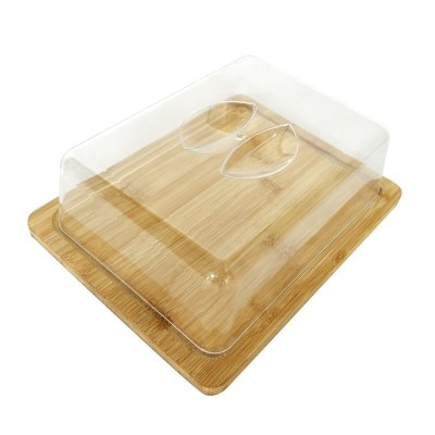 Platou pentru branzeturi, legume, fructe sau dulciuri, din bambus, dimensiuni 24.50 x 19 x 7.50 cm, cu capac din plastic, maro foto