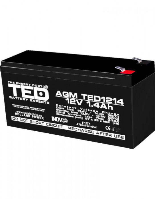 Acumulator 12V Stationar VRLA, Dimensiuni 97 x 47 x 50 mm, Baterie 12V 1.4Ah F1, TED Electric