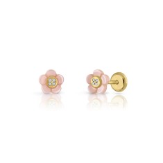 Cercei din Aur 14K, model Floare din Sidef Perla si Pietre CZ, inchidere cu Filet si Protectie