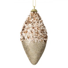 Ornament Brad de Crăciun, Forme de Crăciun, Glob Conic, Bej, 13cm, Paiete, Mărgele, Glitter