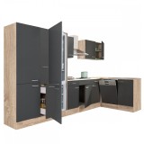 Mobilier de bucătărie de colț Yorki 370, cu corp din stejar Sonoma, fațade antracit cu finisaj satinat, cu dulap cu rafturi și frigider cu congelator