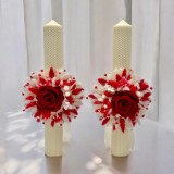 Set lumanari fagure, personalizabile, alb-rosu, pentru nunta cu aranjament frontal, trandafir criogenat si plante naturale uscate, 40 cm, Eventissimi&reg;